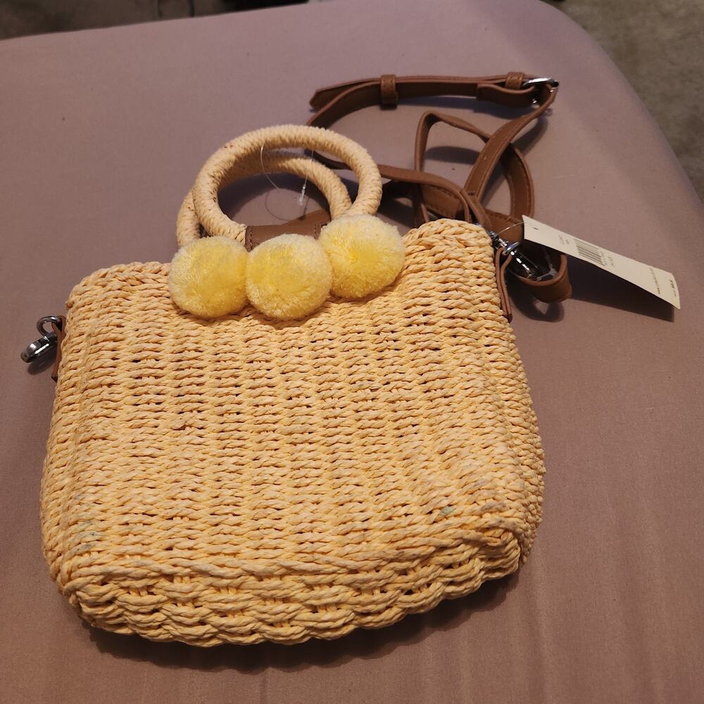 Collection Eighteen Yellow Straw Purse With Shoulder Straap